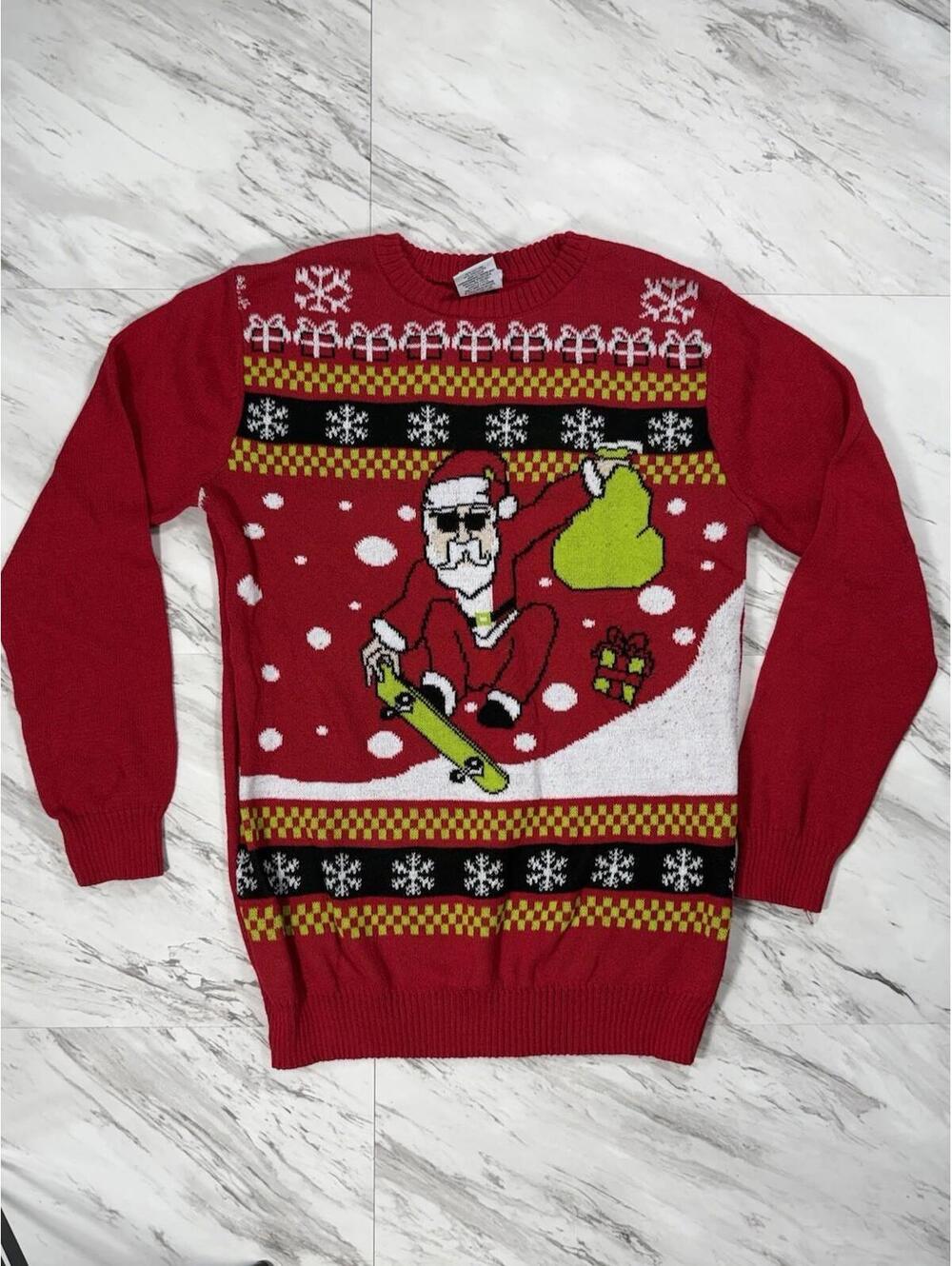 Well Worn Holiday Sweater Santa Snowboarding Red XL #8